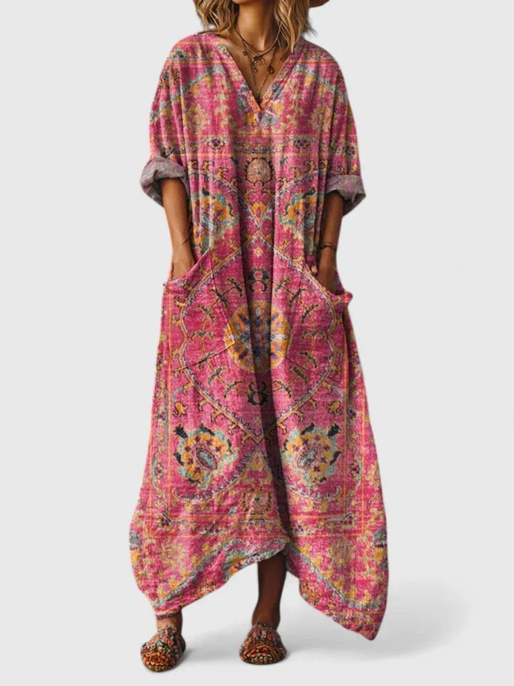 Women's Relaxed Cotton Paisley Boho Maxi Dress with Pockets