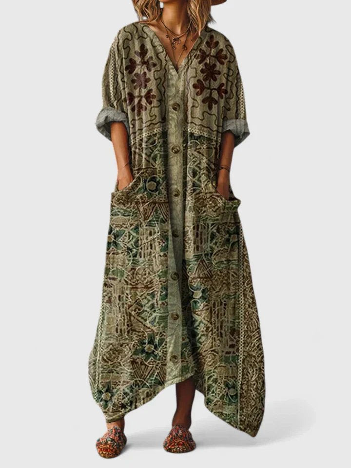 Women's Relaxed Cotton Paisley Boho Maxi Dress with Pockets