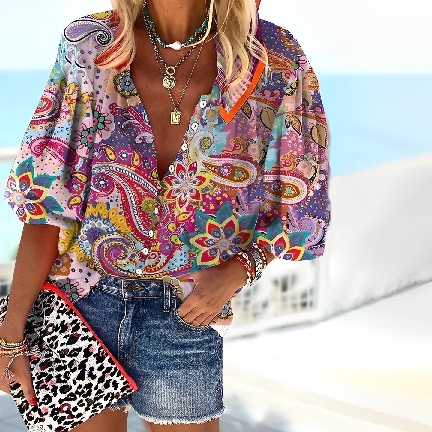 Women's 3/4-Sleeve Paisley Print Boho V-Neck Blouse