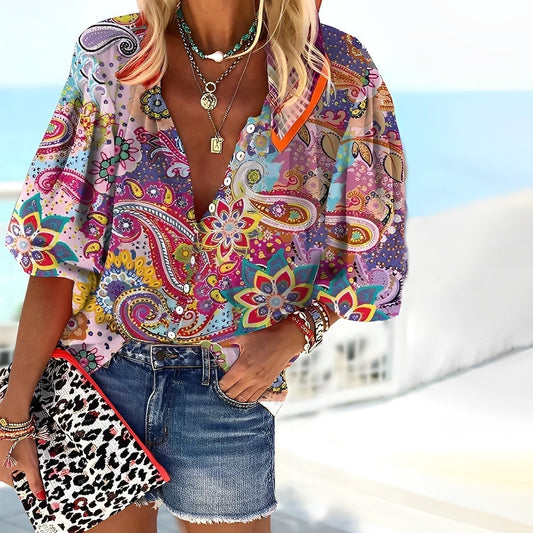 Women's 3/4-Sleeve Paisley Print Boho V-Neck Blouse