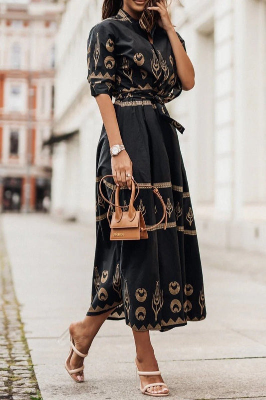 Women's Bohemian Pattern Belted Midi Dress