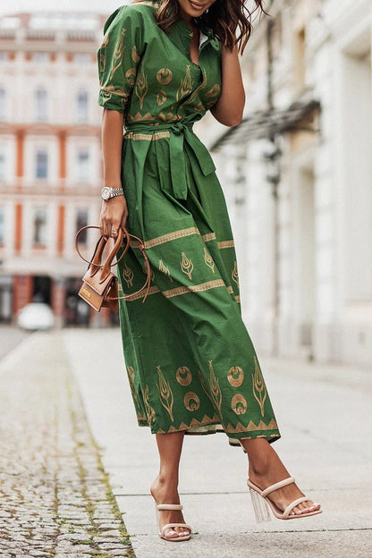 Women's Bohemian Pattern Belted Midi Dress