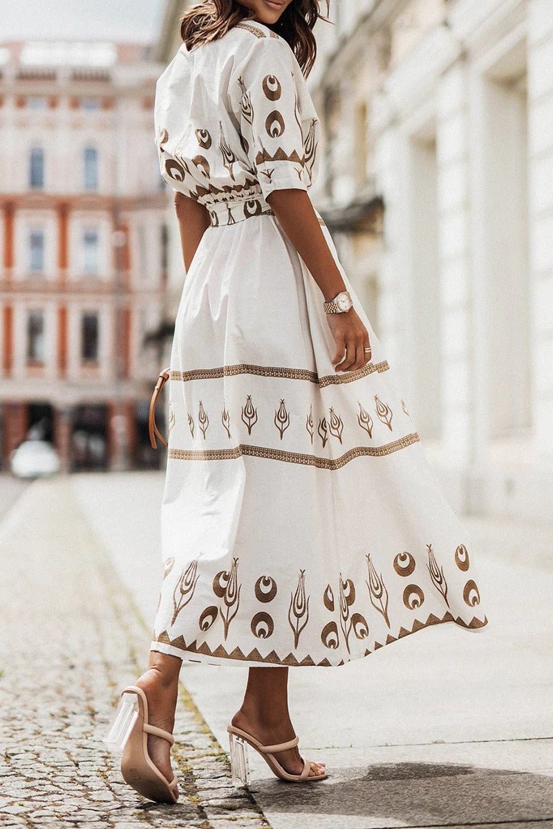 Women's Bohemian Pattern Belted Midi Dress