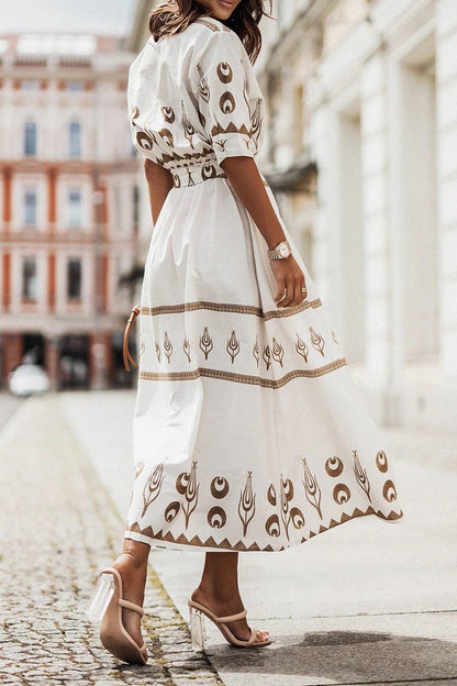 Women's Bohemian Pattern Belted Midi Dress