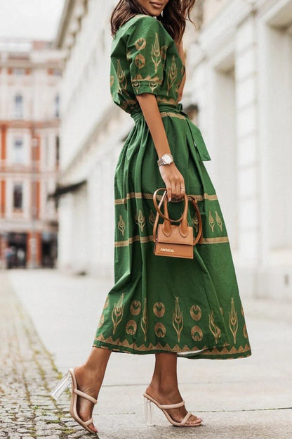 Women's Bohemian Pattern Belted Midi Dress