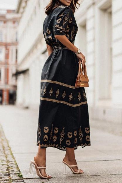 Women's Bohemian Pattern Belted Midi Dress