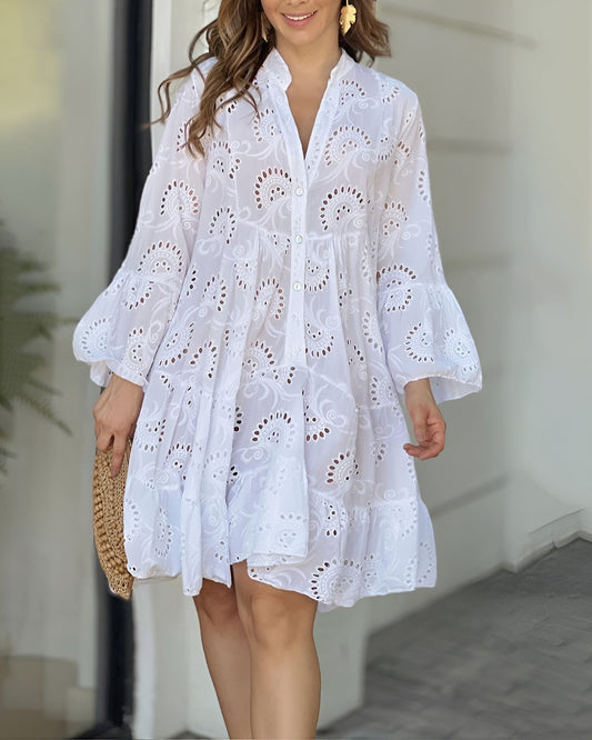 Women's Long-Sleeve Broderie Anglaise A-Line Shirt Dress in White