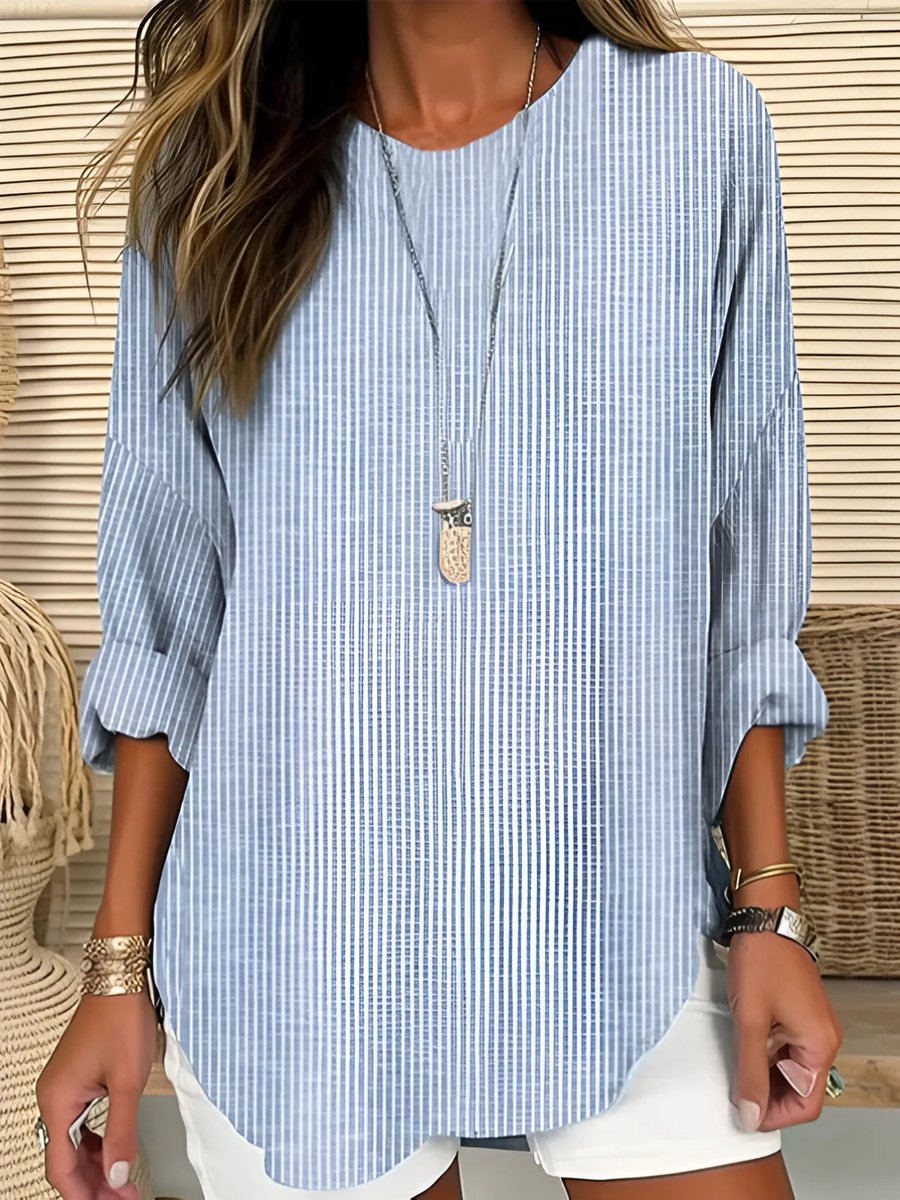Women's Round-Neck Loose Striped Casual Blouse