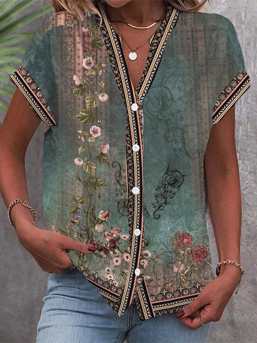 Women's Short-Sleeve Floral Print Casual V-Neck Blouse
