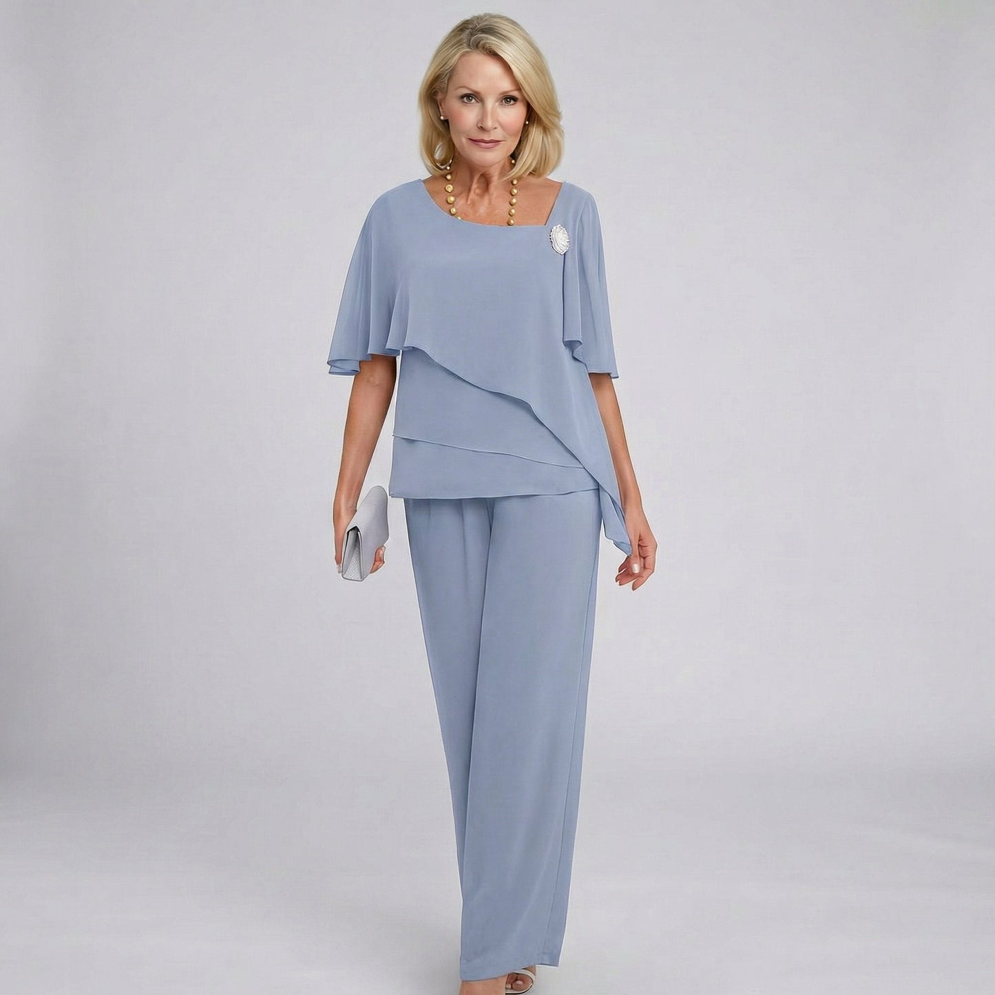 Women's Cape-Sleeve Chiffon Blouse and Wide-Leg Pants 2-Piece Set