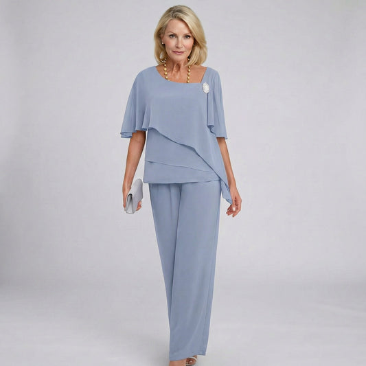 Women's Cape-Sleeve Chiffon Blouse and Wide-Leg Pants 2-Piece Set