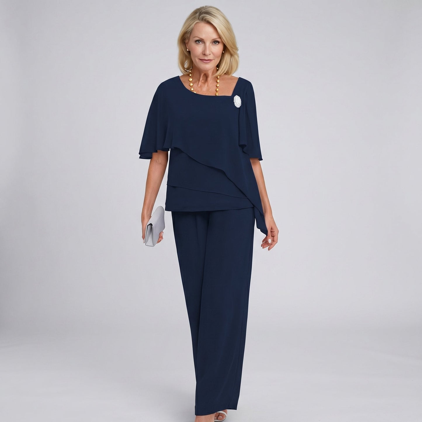 Women's Cape-Sleeve Chiffon Blouse and Wide-Leg Pants 2-Piece Set