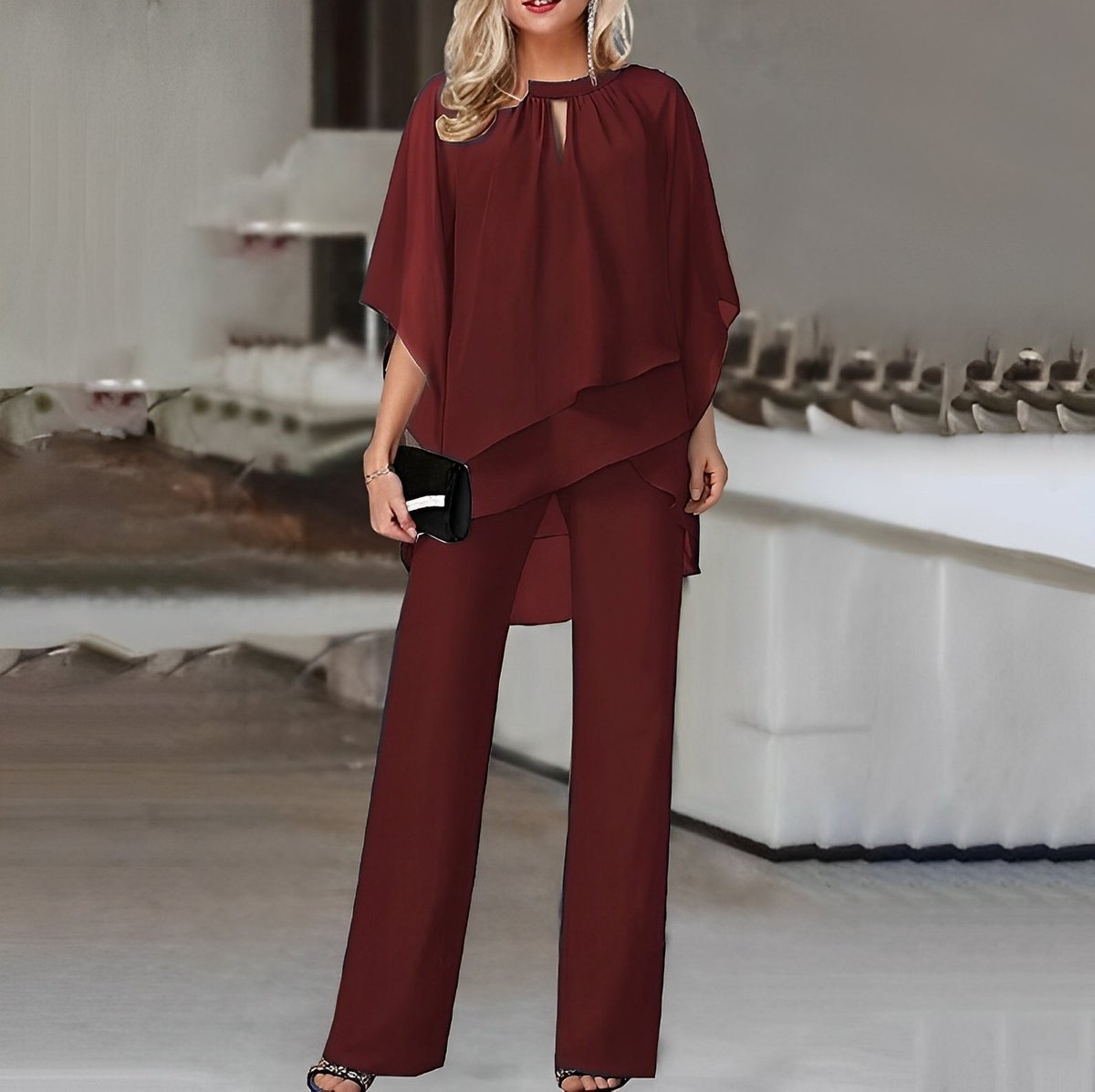 Women's 2-Piece Layered Chiffon Top and Wide-Leg Pants Set
