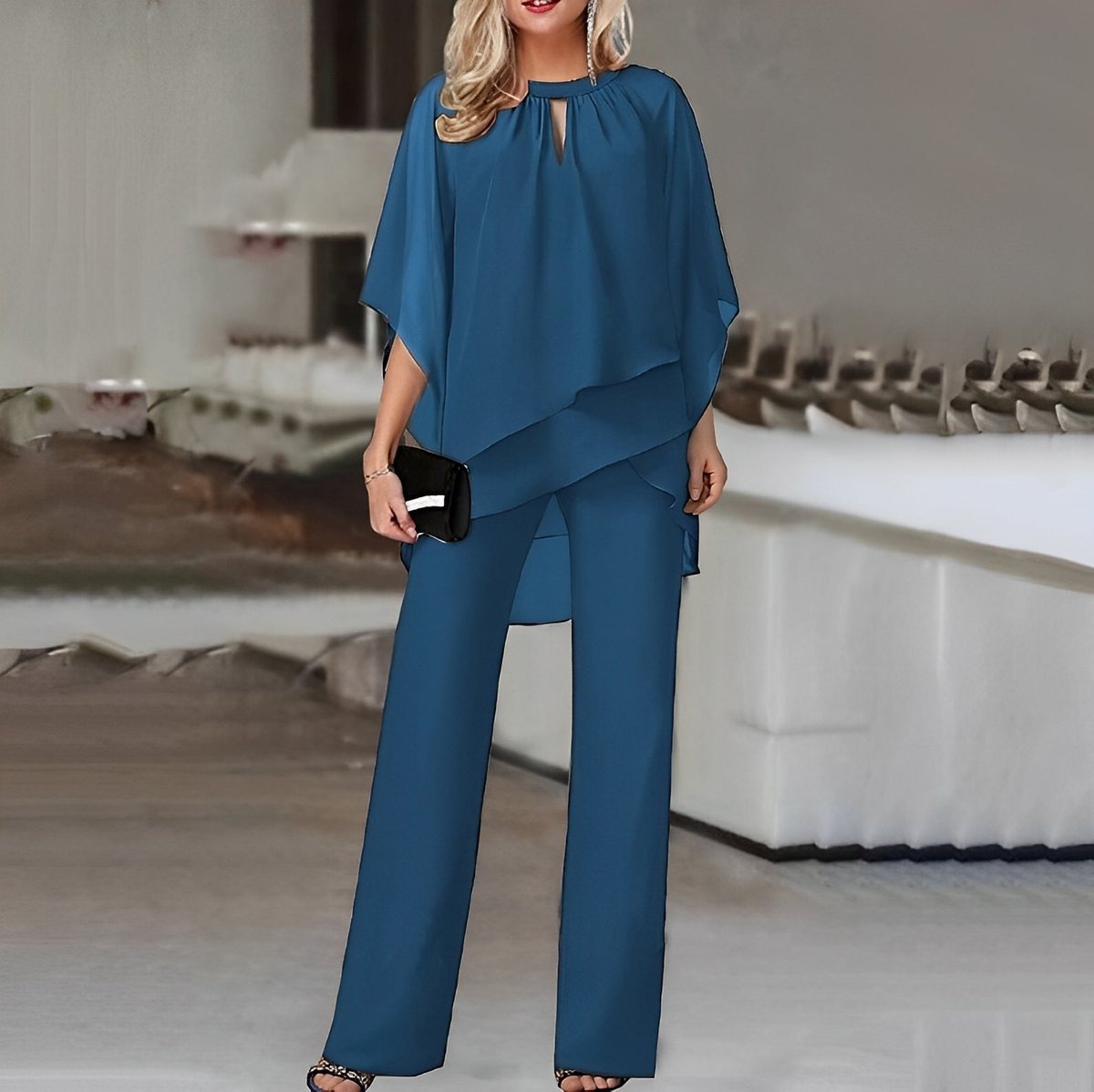 Women's 2-Piece Layered Chiffon Top and Wide-Leg Pants Set