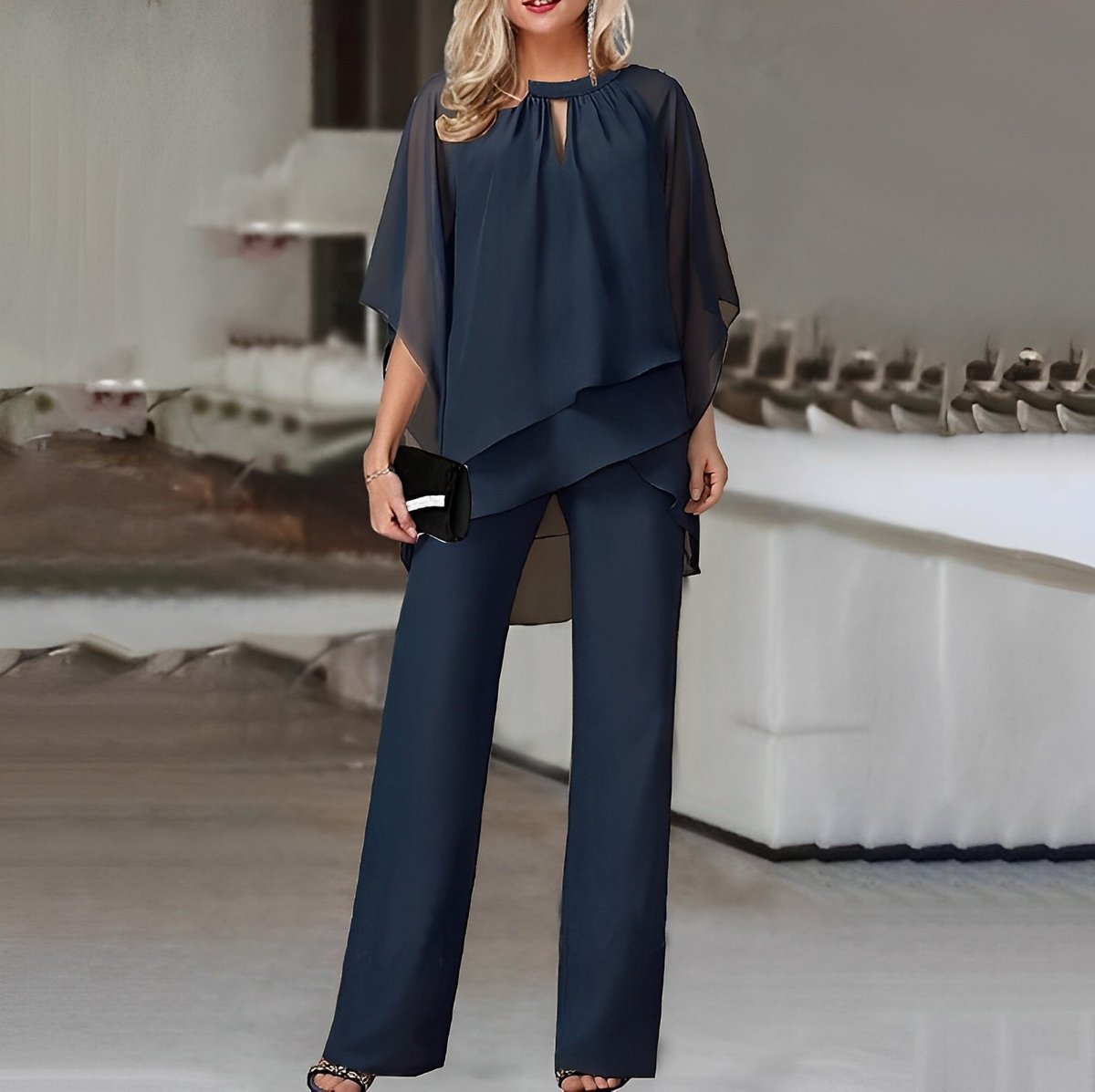 Women's 2-Piece Layered Chiffon Top and Wide-Leg Pants Set