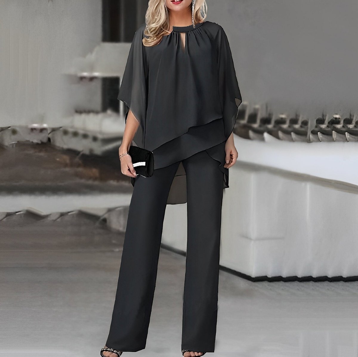 Women's 2-Piece Layered Chiffon Top and Wide-Leg Pants Set