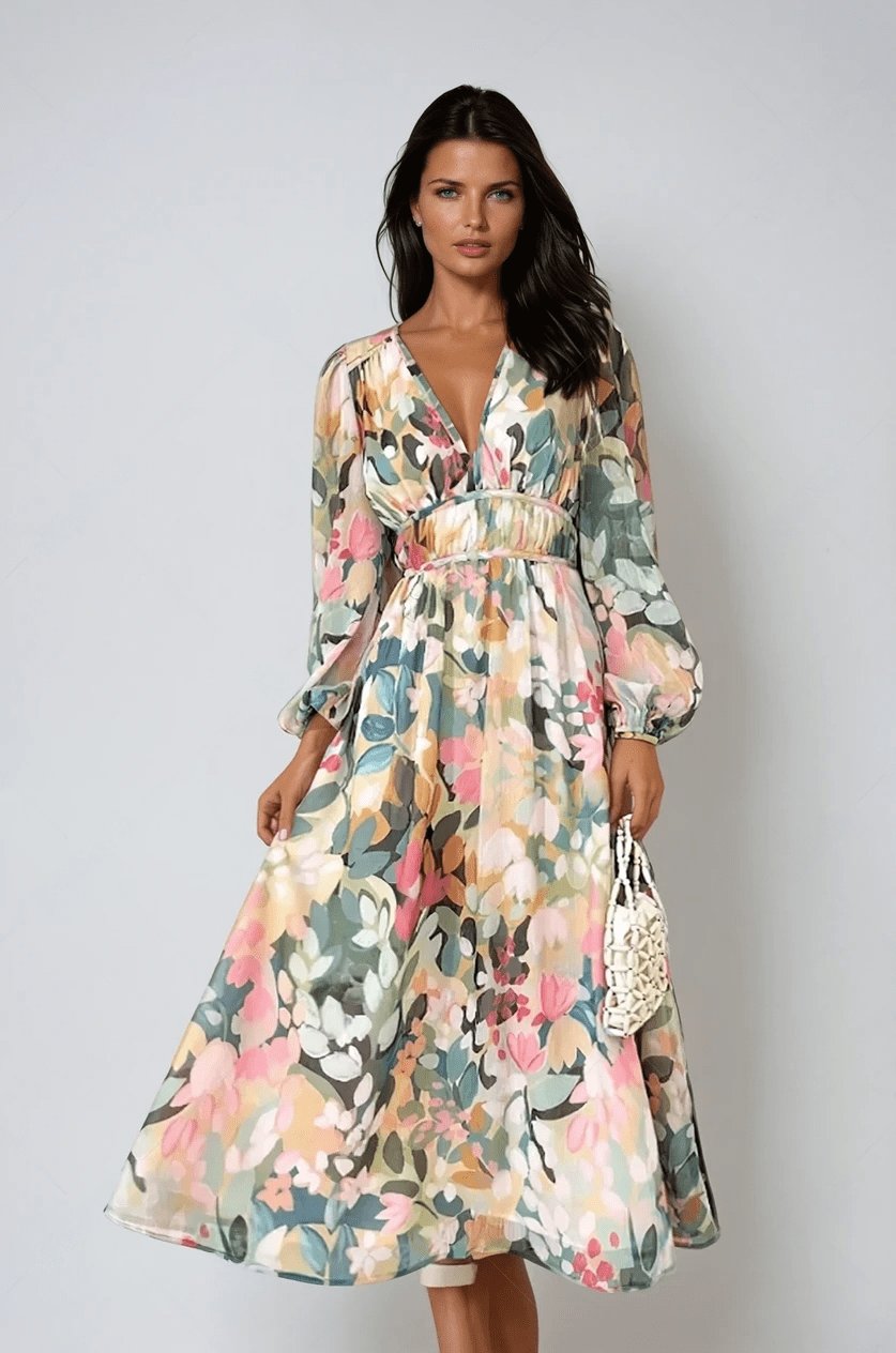 Women's Floral Print V-Neck Chiffon Midi Dress with Puff Sleeves