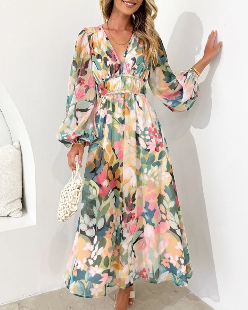 Women's Floral Print V-Neck Chiffon Midi Dress with Puff Sleeves