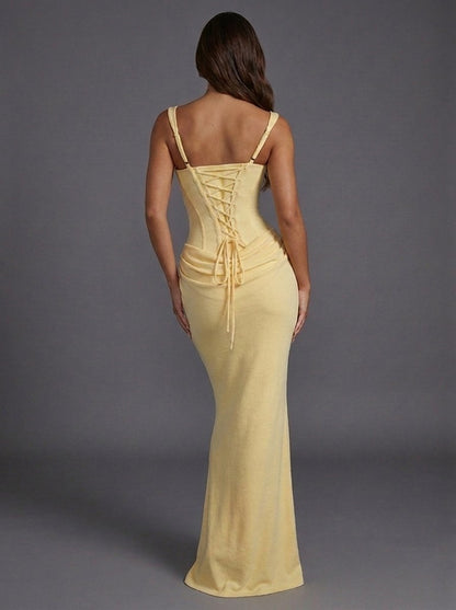 Women's Square-Neck Draped Corset Evening Maxi Dress