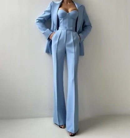 Women's Three-Piece Suit with Blazer, Corset, and Wide-Leg Pants