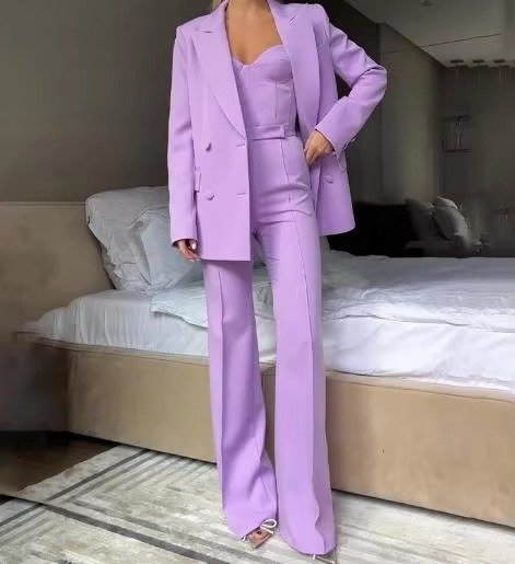 Women's Three-Piece Tailored Blazer, Corset Top, and Wide-Leg Trousers Set