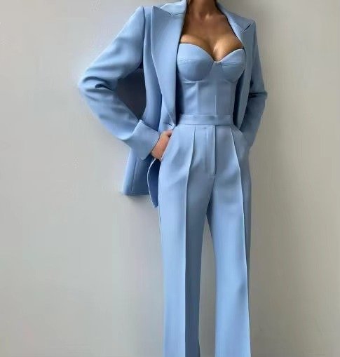 Women's Three-Piece Suit with Blazer, Corset, and Wide-Leg Pants