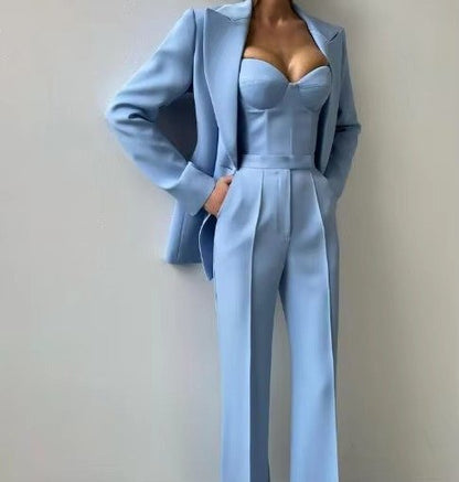 Women's Three-Piece Tailored Blazer, Corset Top, and Wide-Leg Trousers Set