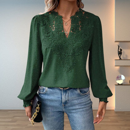 Women's V-Neck Long-Sleeve Floral Lace Blouse