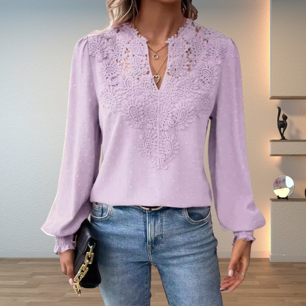 Women's V-Neck Long-Sleeve Floral Lace Blouse