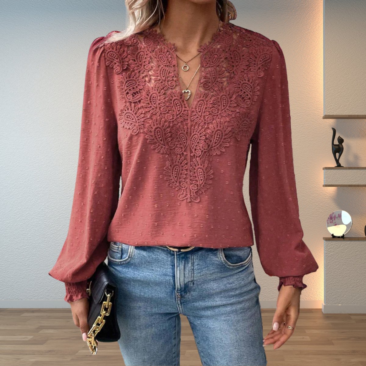Women's V-Neck Long-Sleeve Floral Lace Blouse