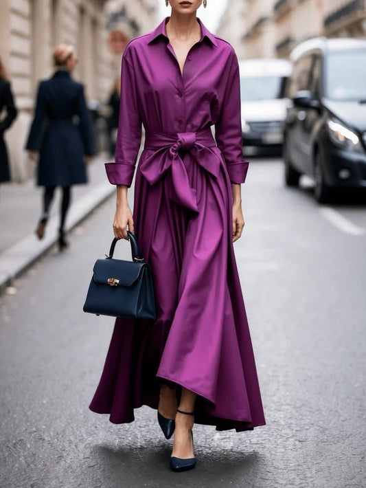 Women's Long-Sleeve Maxi Shirt Dress with Waist Tie