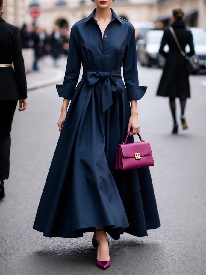 Women's Long-Sleeve Maxi Shirt Dress with Waist Tie