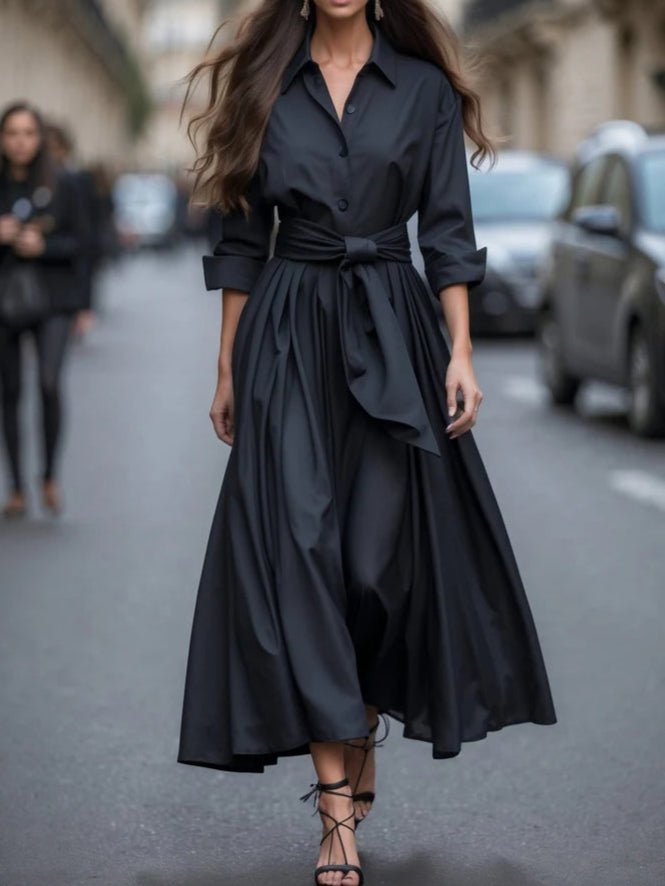 Women's Long-Sleeve Maxi Shirt Dress with Waist Tie