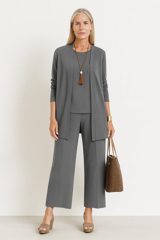 Women's 3-Piece Outfit with Open Duster Cardigan, Inner Top, and Culottes