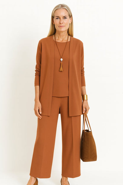Women's 3-Piece Outfit with Open Duster Cardigan, Inner Top, and Culottes