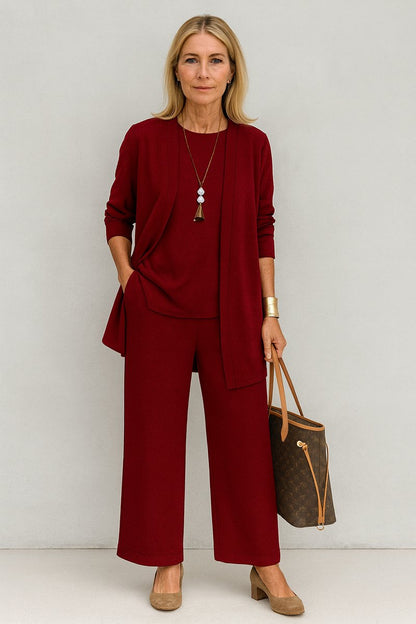 Women's 3-Piece Outfit with Open Duster Cardigan, Inner Top, and Culottes