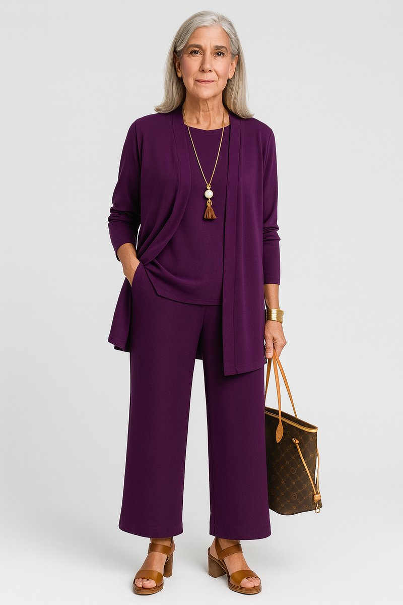 Women's 3-Piece Outfit with Open Duster Cardigan, Inner Top, and Culottes
