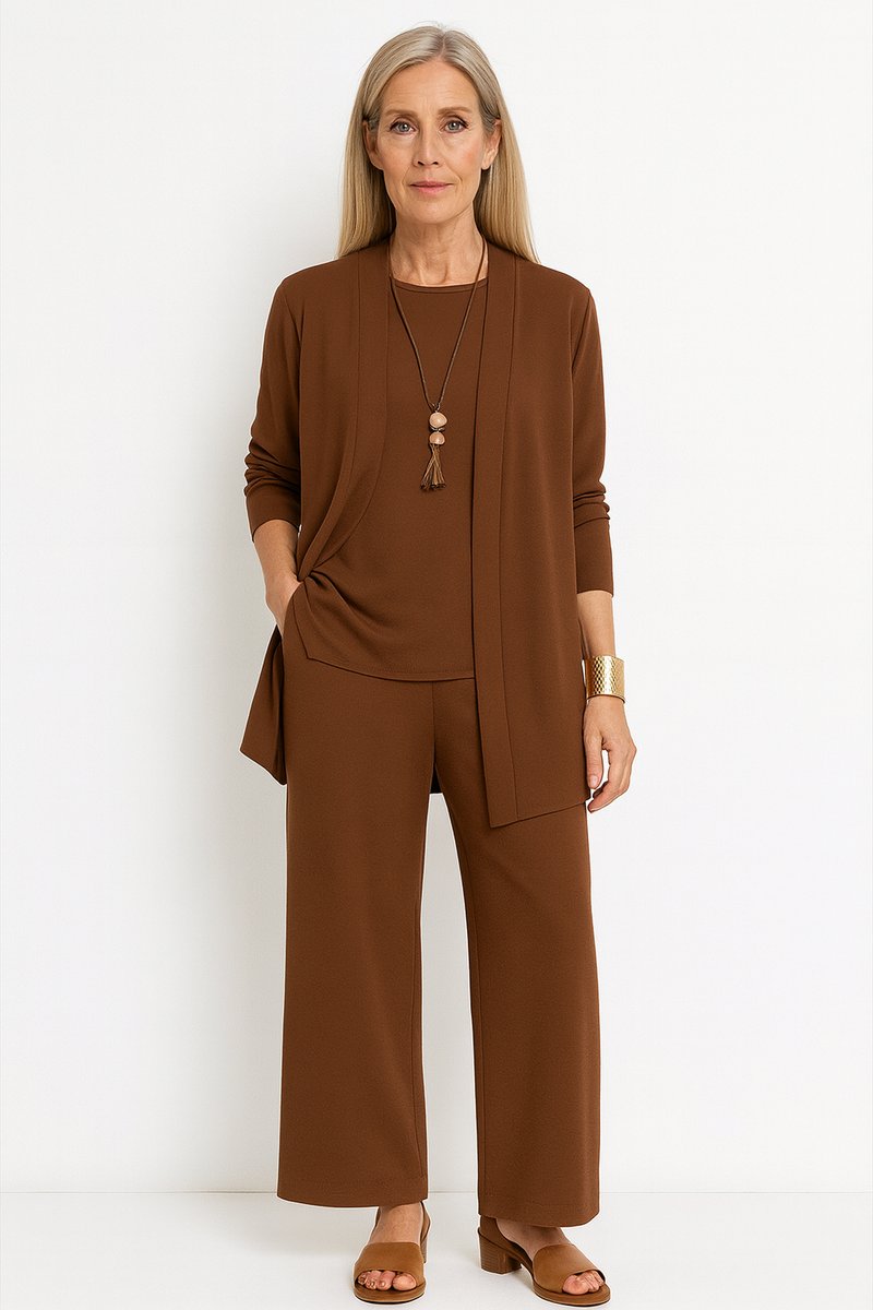 Women's 3-Piece Outfit with Open Duster Cardigan, Inner Top, and Culottes