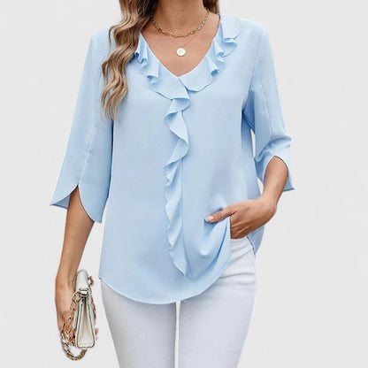 Women's 3/4-Sleeve V-Neck Blouse with Ruffle Trim
