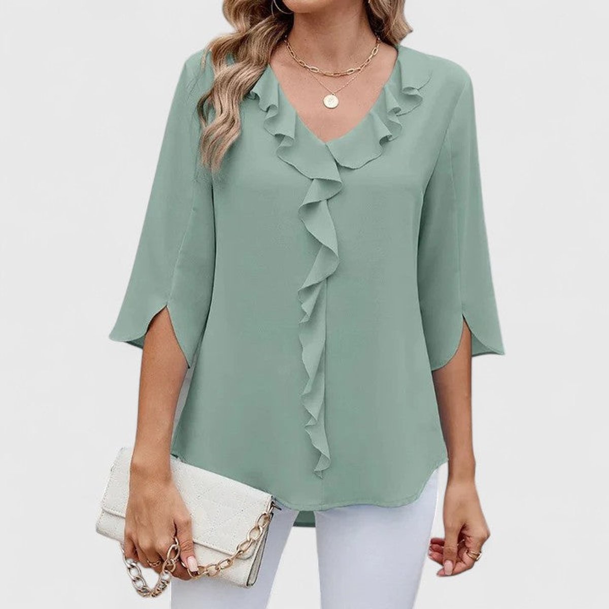 Women's 3/4-Sleeve V-Neck Blouse with Ruffle Trim