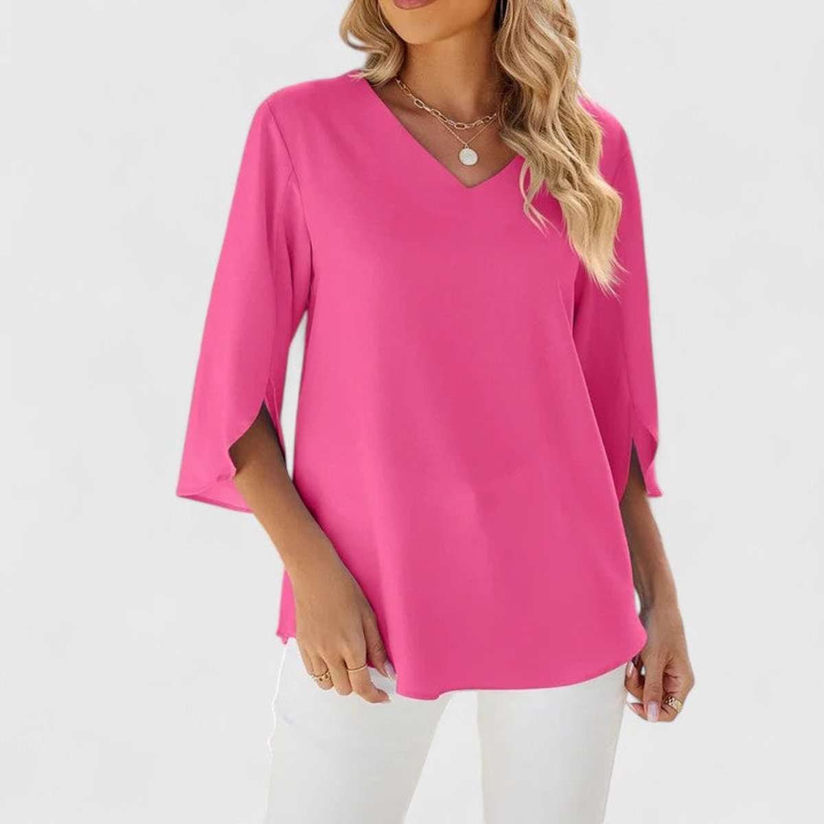 Women's 3/4-Sleeve V-Neck Blouse with Ruffle Trim