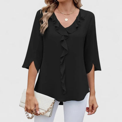 Women's 3/4-Sleeve V-Neck Blouse with Ruffle Trim