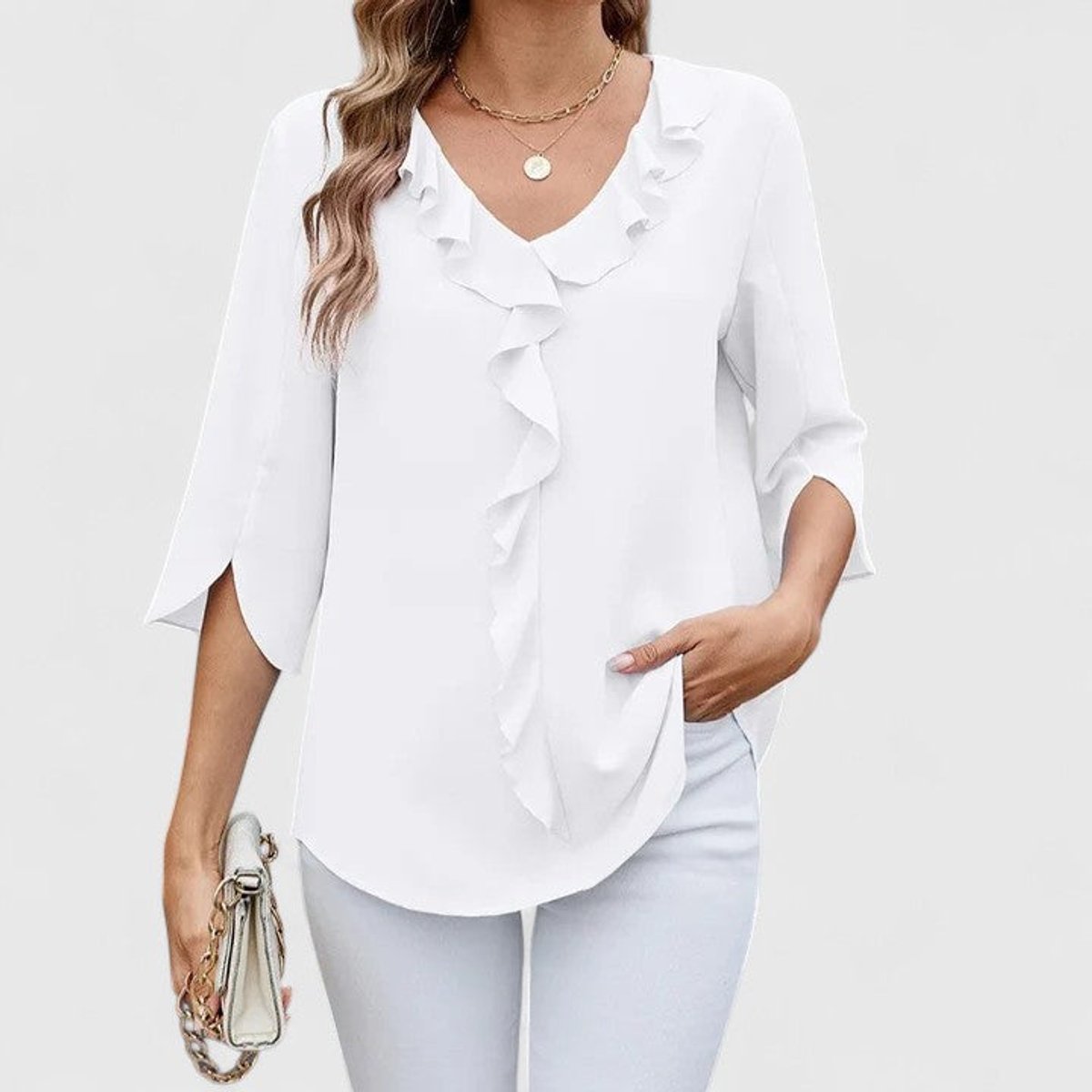 Women's 3/4-Sleeve V-Neck Blouse with Ruffle Trim