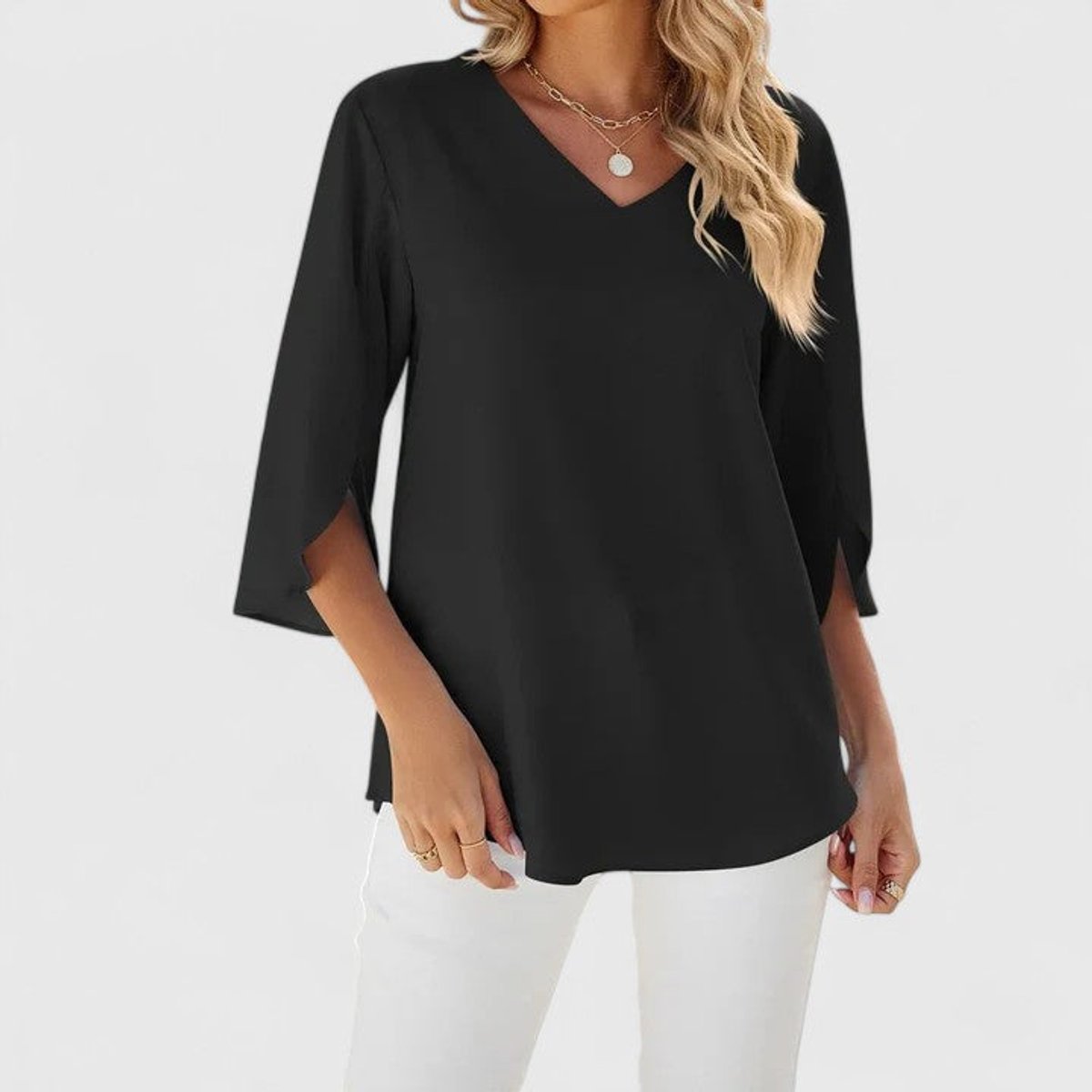 Women's 3/4-Sleeve V-Neck Blouse with Ruffle Trim