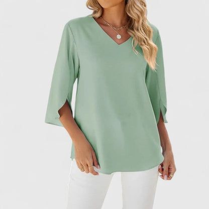 Women's 3/4-Sleeve V-Neck Blouse with Ruffle Trim