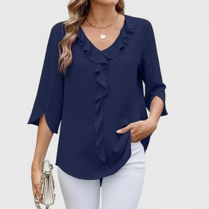 Women's 3/4-Sleeve V-Neck Blouse with Ruffle Trim