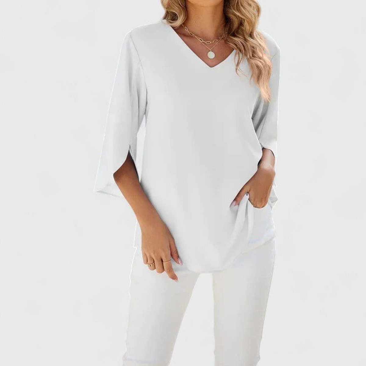 Women's 3/4-Sleeve V-Neck Blouse with Ruffle Trim