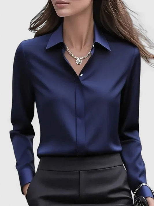 Women's Long-Sleeve Satin Blouse with Concealed Button Placket