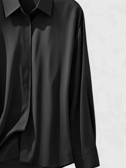 Women's Long-Sleeve Satin Blouse with Concealed Button Placket