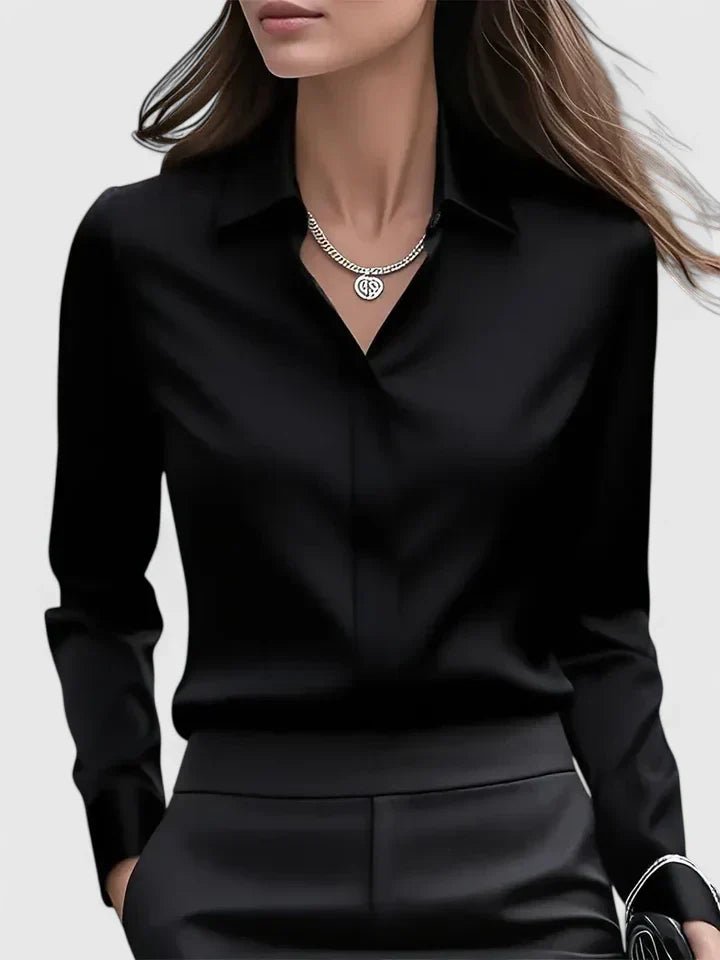 Women's Long-Sleeve Satin Blouse with Concealed Button Placket